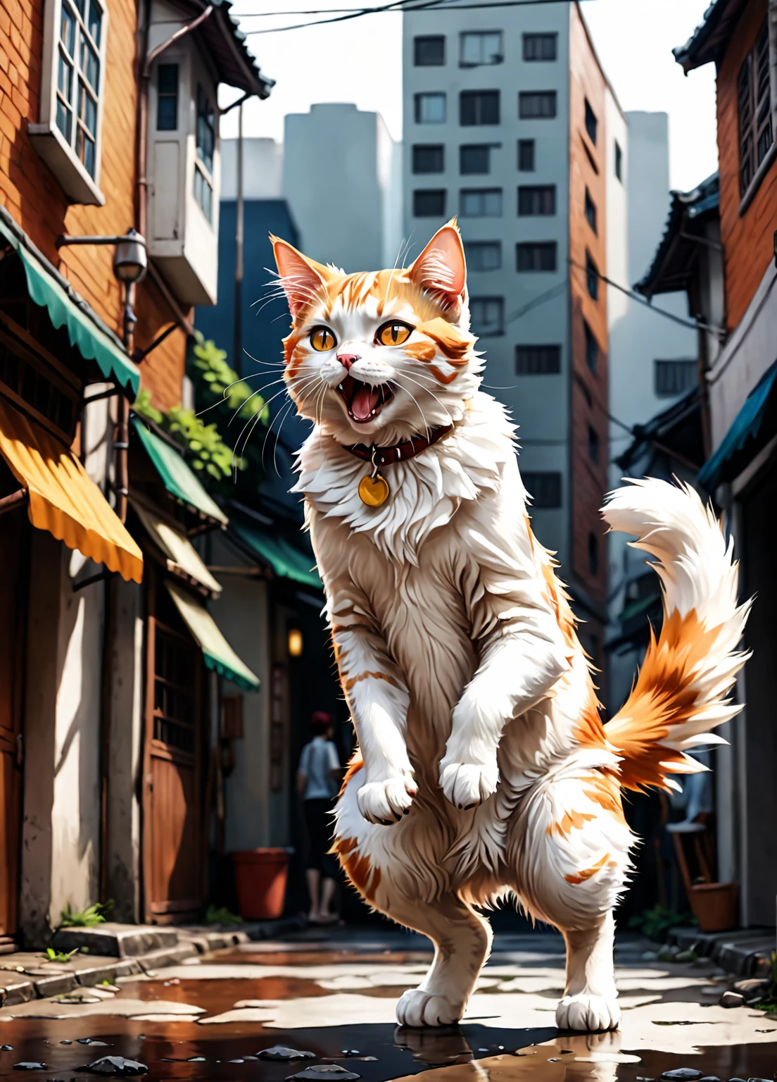 The ginger_white cat stood on two legs and shouted in desperation., digital anime painting style.