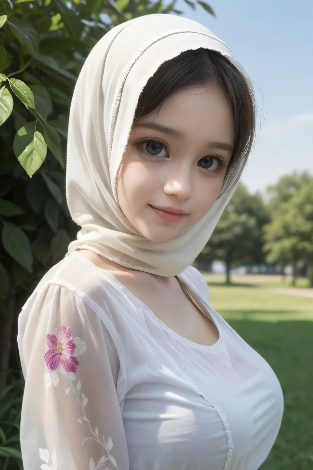 Chubby adorable, 1 girl, (face to face), , baby face, happy, half body portrait, (face details: 1), (eye details: 1), ((big breasts)). wearing transparent transparency soft long shirt, hijab, .. Cute posed. proportional body. Ultra High Res. realistic: 1.4, UHD, (floral pattern), view from side seductive pose