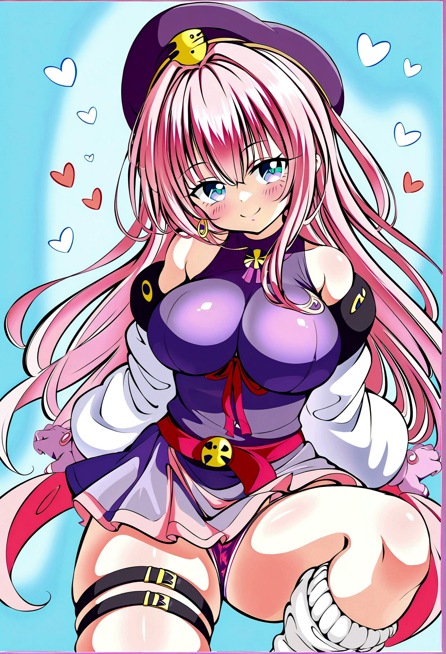 To Love-Ru、Purple off-the-shoulder mini skirt dress、Pink Hair、Big Breasts、Light purple loose socks、Provocative look、Raw thighs、Light blue eyes、Leg band on right thigh only、Are standing、Light pink gloves、Simple clothes