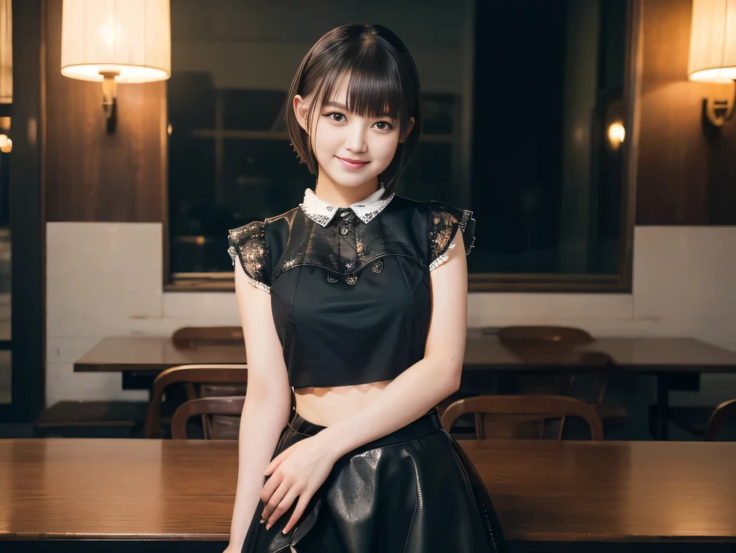 (8K, RAW Photos:1.2), Detailed face and eyes,最high quality, Ultra-high resolution, Very detailed ,Intricate details ,Tabletop ,pretty girl ,Round eyes、 Soft cinematic light, Hyper Detail,Sharp focus, high quality, Brown Hair,((Bobcut))、(Straight bangs)、City of night、Night view、 ((White crop top))、((Black tulle skirt))、”dwarf”、(Full Body Shot)、Waist、(I can see your thighs)、Cowboy Shot、Smile、Floral clothes、Clothes with short sleeves、(Large Breasts)、