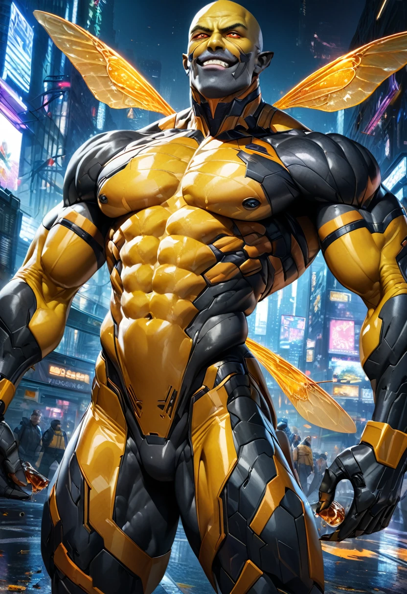 ((absurdres)) perfect whole body, ultra photorealistic, top quality, Photorealistic, ((16k UHD)) High Definition, high-res, ultra sharp, masterpiece, the best quality, intricate details, detailed eyes, perfect face detailed face, (((in a cyberpunk city))) orange goggles, masterpiece, highly detailed exquisite character art, perfectly detailed , detailed body, detailed pecs, hyper pecs, thick thighs, (((sunny weather))) (((natural lights))), ultra-realistic, (((1male))) ((tall muscular man male humanoid)), bald, humanoid yellow skin, bee , deity, god of honey bees, humanoid black & yellow skin tone, yellow hue, powerful humanoid appearance, compound eyes, stinger, abdomen, metallic scales, scales. Metallic armour, wings, elf ears, glossy skin, large smirking face, flying in the sky, mandibles, Antenna, honey, ((male muscular stripe black & yellow humanoid insect honey bee)) (((yellow skin))), (((black skin)))