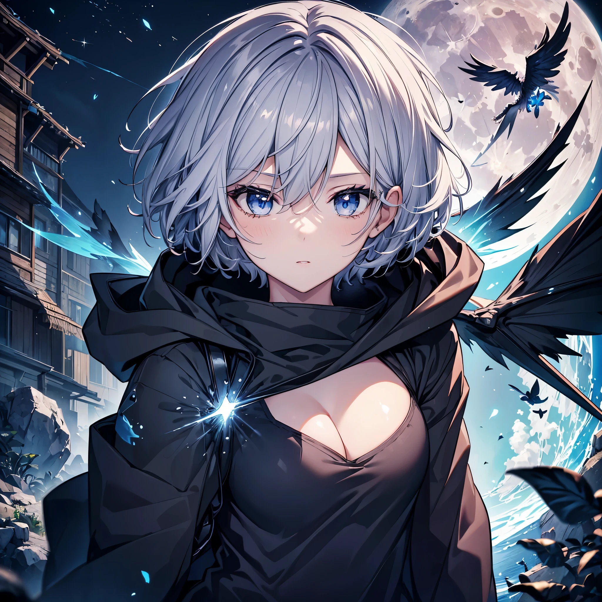 ((((grim Reaper　Inflammation))))　(((Gray Hair　short hair　blue eyes　woman　Center close-up)))，((night　full moon　My own big wings))，(Wearing a hood　Black camisole　Purple light)，　A tense look　Shining Background　Shining Edges