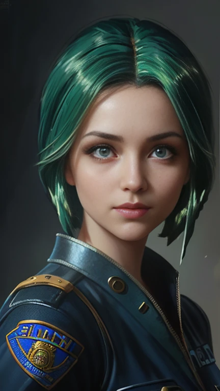 8k portrait of beautiful police girl, green hair, intricate, elegant, highly detailed, majestic, digital photography, art by artgerm and ruan jia and greg rutkowski (masterpiece, sidelighting, finely detailed beautiful eyes: 1.2), hdr,