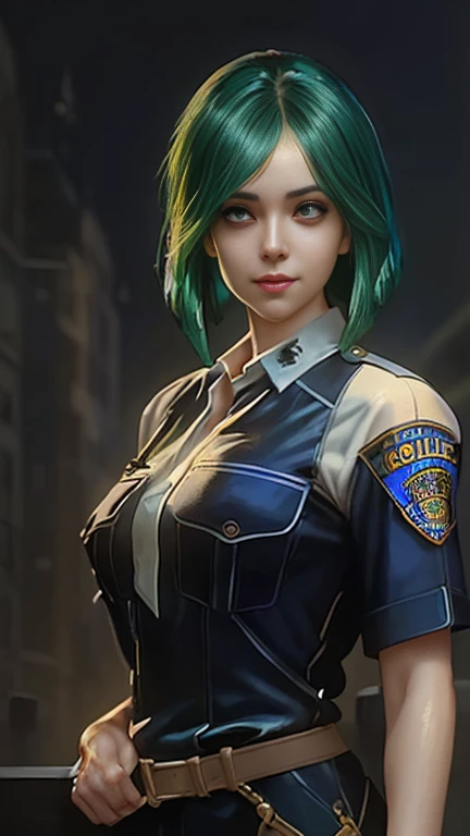 8k portrait of beautiful police girl, green hair, intricate, elegant, highly detailed, majestic, digital photography, art by artgerm and ruan jia and greg rutkowski (masterpiece, sidelighting, finely detailed beautiful eyes: 1.2), hdr,