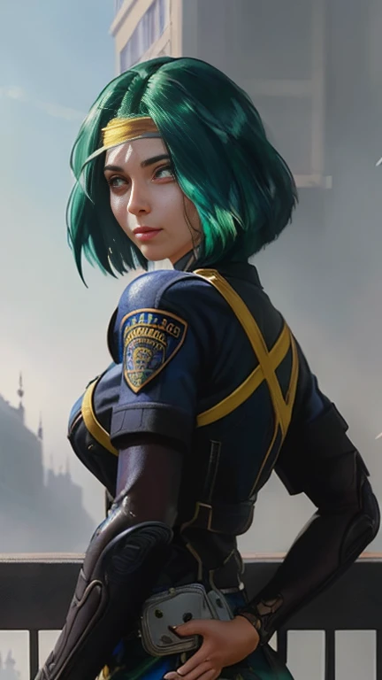 8k portrait of beautiful police girl, green hair, intricate, elegant, highly detailed, majestic, digital photography, art by artgerm and ruan jia and greg rutkowski (masterpiece, sidelighting, finely detailed beautiful eyes: 1.2), hdr,