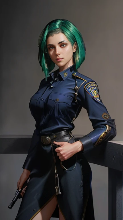 8k portrait of beautiful police girl, green hair, intricate, elegant, highly detailed, majestic, digital photography, art by artgerm and ruan jia and greg rutkowski (masterpiece, sidelighting, finely detailed beautiful eyes: 1.2), hdr,