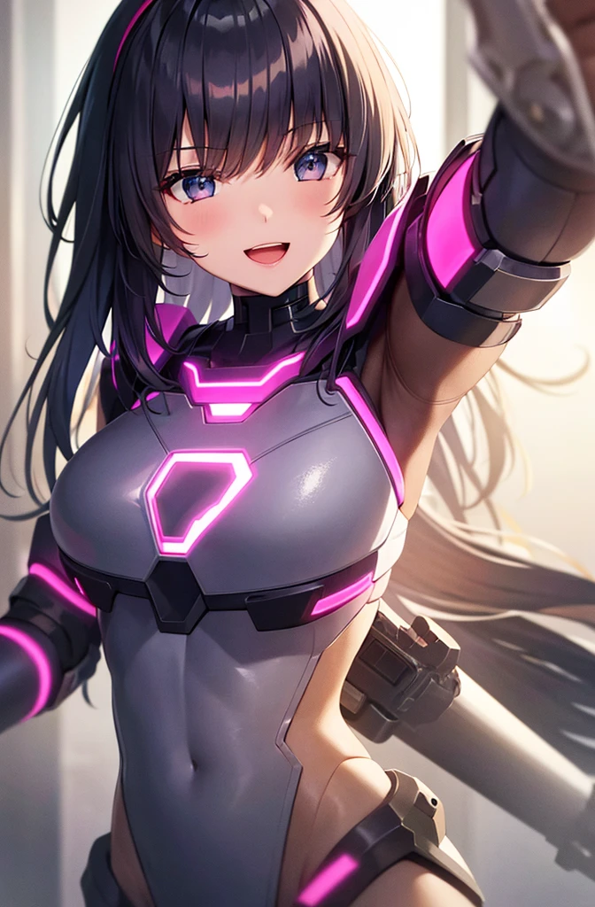 最high quality, high quality, 8K、High resolution,Highest quality、solo、Black Hair, Open Mouth Smile, A heroine of justice wearing pink mecha cyber armor