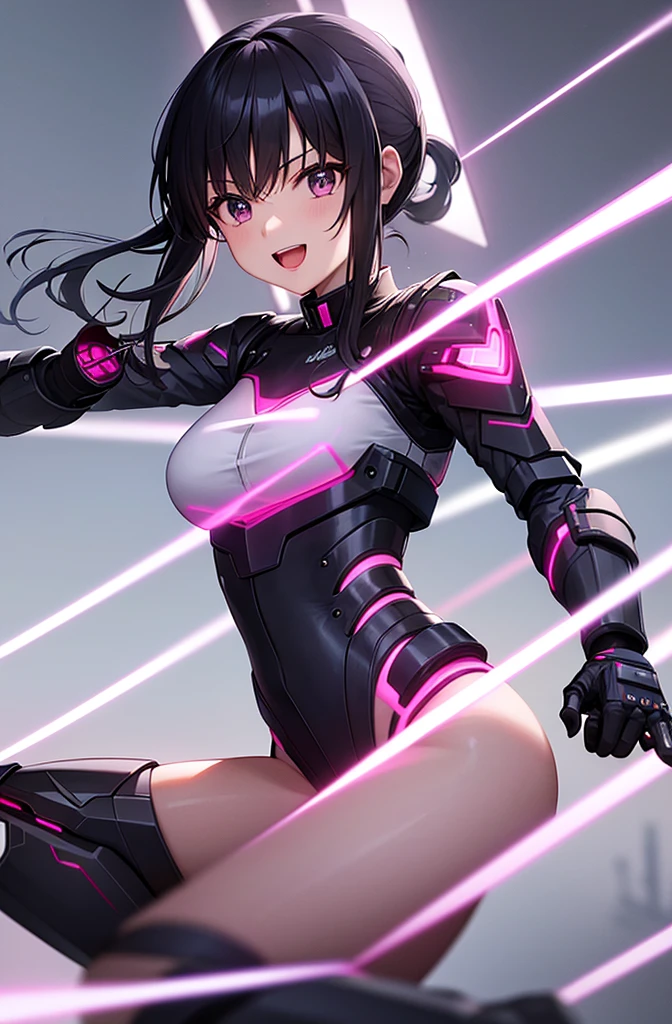 最high quality, high quality, 8K、High resolution,Highest quality、solo、Black Hair, Open Mouth Smile, A heroine of justice wearing pink mecha cyber armor