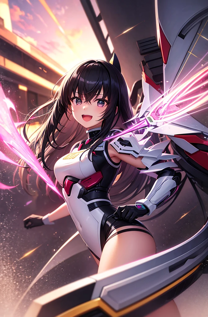 最high quality, high quality, 8K、High resolution,Highest quality、solo、Black Hair, Open Mouth Smile, A heroine of justice wearing pink mecha cyber armor