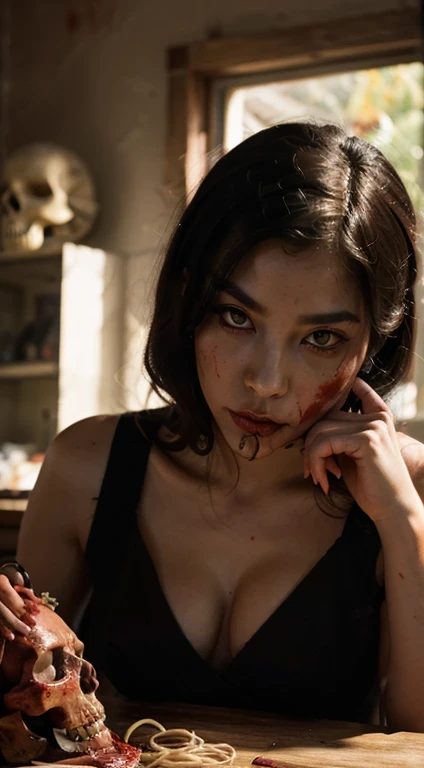 "(the best lighting, dark, dramatic),(geisha spitting spaghetti with red ink alien skull, Scars, sexy, brain, blood, a rat inside the head, terror.),(Red eyes, calaveras). Morning light.