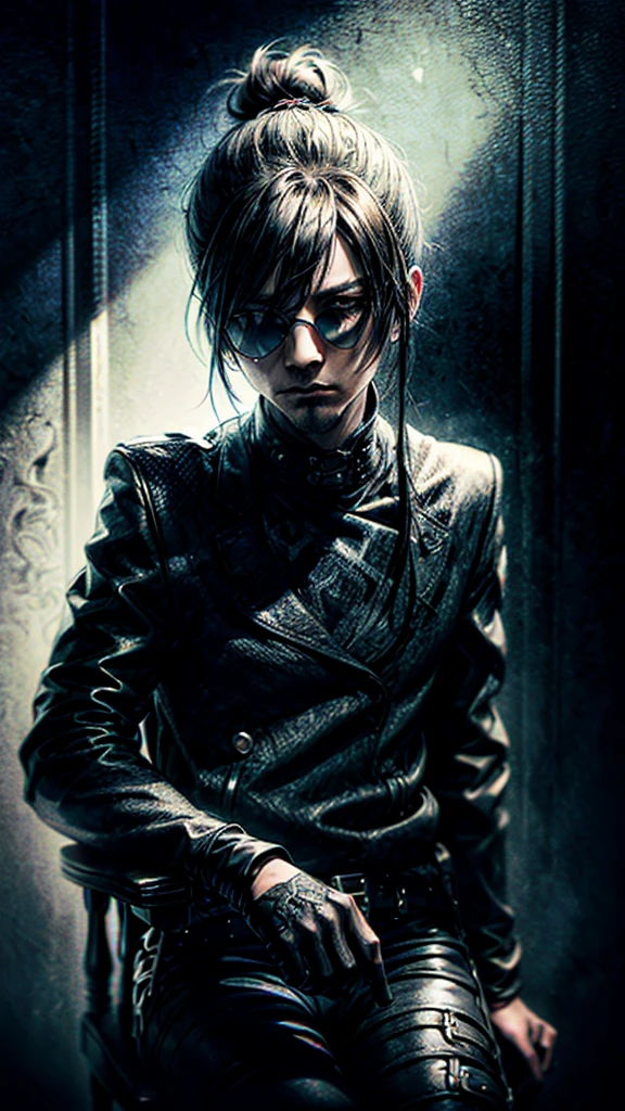 a stylish korean man with long hair tied in bun, wearing black round sunglasses, black leather gloves, dark clothing, sitting on a chair in a dark environment, dynamic point of view, best quality, ultra-detailed, photorealistic, vivid colors, dramatic lighting, chiaroscuro, dark and moody atmosphere, masculine, charismatic, punk style