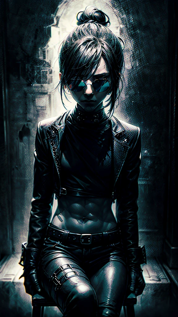 a stylish korean man with long hair tied in bun, wearing black round sunglasses, black leather gloves, dark clothing, sitting on a chair in a dark environment, dynamic point of view, best quality, ultra-detailed, photorealistic, vivid colors, dramatic lighting, chiaroscuro, dark and moody atmosphere, masculine, charismatic, punk style