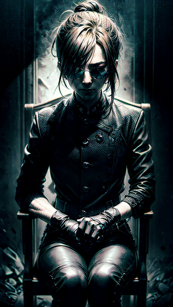 a stylish korean man with long hair tied in bun, wearing black round sunglasses, black leather gloves, dark clothing, sitting on a chair in a dark environment, dynamic point of view, best quality, ultra-detailed, photorealistic, vivid colors, dramatic lighting, chiaroscuro, dark and moody atmosphere, masculine, charismatic, punk style