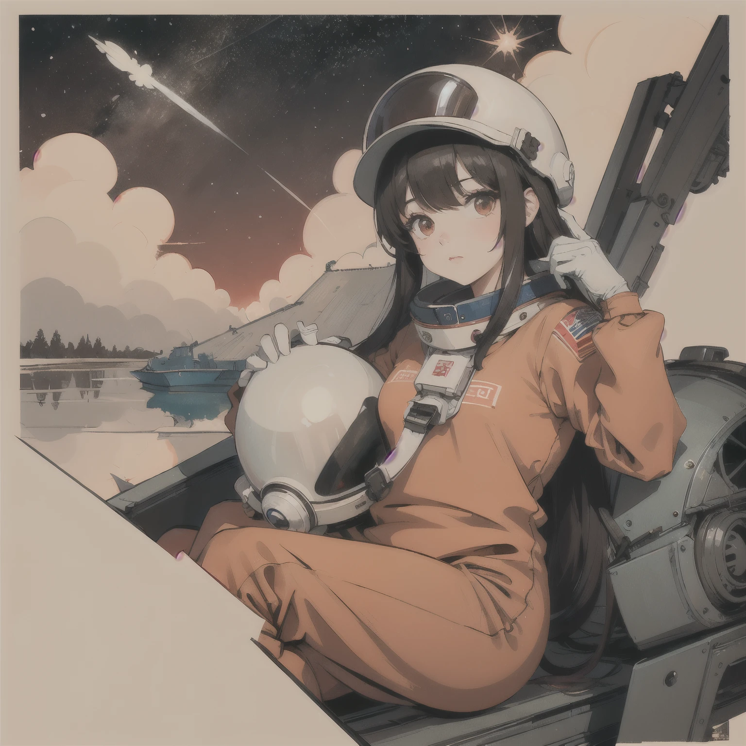 One girl,flat_chest,cute,beautiful detailed eye,shiny hair,visible through hair,hairs between eye, CCCP Poster, Sovietposter,red monochrome,Soviet poster, Soviet,Communism,
black_hair,red_eye,vampire,Teen,Small breasts,Spacesuit:orange_clothing_body:Jumpsuit),white_gloves, white_Space shoes, white_Helmet, the CCCP red letters on the top of Helmet, no gravity, Side light, reflection, Spacesuitを着た人物はフレームの左下にいる, Extending the right hand, His right hand gently touches the Salyut space station.), Space station in the top right of the screen, 太陽からのreflection光, silver metal,red flag, shine,Soviet style, diffuse reflection, Metallic texture, The view is of the blue earth,mecha style,Sea of stars,High Tone, grow