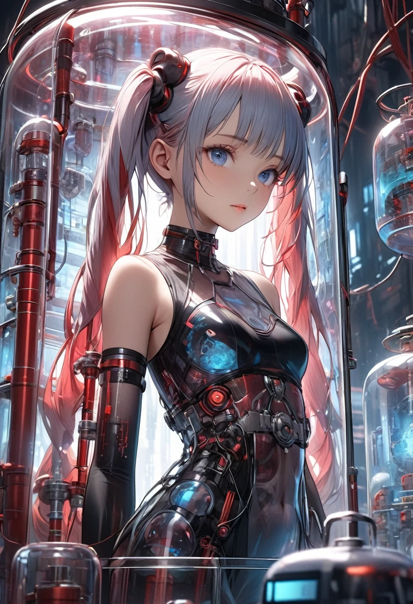 A beautiful cyberpunk girl with translucent red twin tails floats in a large transparent tank filled with a bluish culture solution, surrounded by intricate medical equipment. Her eyes are closed as she is being treated, with thin red tubes connected to her body. The culture solution bubbles up from the bottom of the tank, creating a surreal and imaginative scene. The image is rendered in a cinematic style with fantastic lighting, showcasing the girl's detailed and realistic features in high resolution.