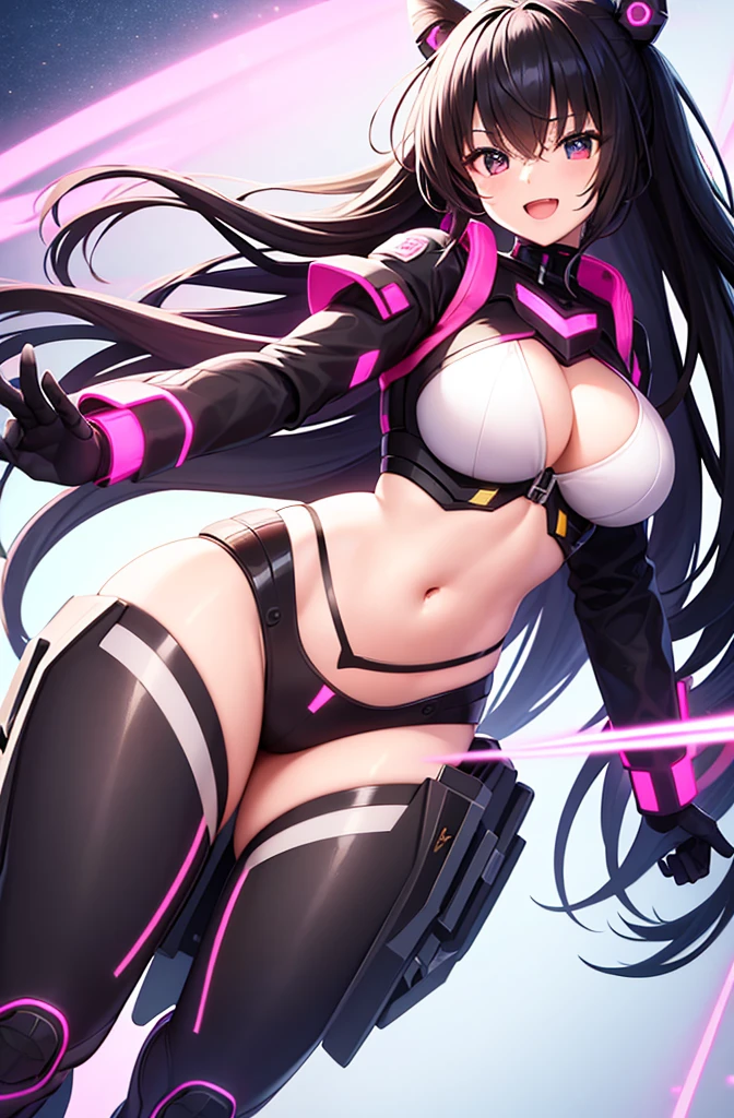 最high quality, high quality, 8K、High resolution,Highest quality、solo、Black Hair, Open Mouth Smile, A heroine of justice wearing pink mecha cyber armor、belly button、Thighs