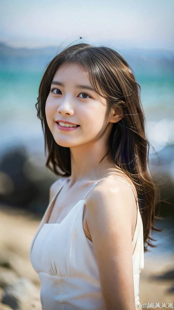 ((Extremely precise and accurate anatomy)), (masterpiece:1.43), Perfect balance, Realistic photos, shrapnel:1.22、young woman、Very realistic、High resolution photos、Wavy, Shoulder-length chestnut hair、Elegance from the shoulders down、The eyes are a striking green with gold flecks..、natureなアーチ型の眉毛、The skin is white and smooth、nature, Healthy shine、A kind smile、Straight and white teeth、A micro bikini made of soft and light fabric that fits snugly..、Sunlit beach in the evening、The sea swaying in the wind、Clear deep blue sky with white clouds、The sunlight is warm and golden、顔の特徴や衣服の質感を強調するnatureなハイライトと影、メイクは最小限でnature、Light Foundation、A faint blush、Subtle eyeliner、mascara、Soft pink lip color、Make different facial expressions、Wavy hair、A sense of movement and vitality、(((Shallow depth of field effect)))、Image focus、The atmosphere is warm、The energy of joy、natureの美