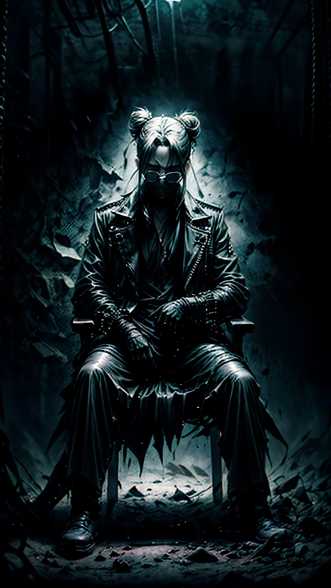 a stylish korean man with long hair tied in bun, wearing black round sunglasses, black leather gloves, dark clothing, sitting on a chair in a dark environment, dynamic point of view, best quality, ultra-detailed, photorealistic, vivid colors, dramatic lighting, chiaroscuro, dark and moody atmosphere, masculine, charismatic, punk style