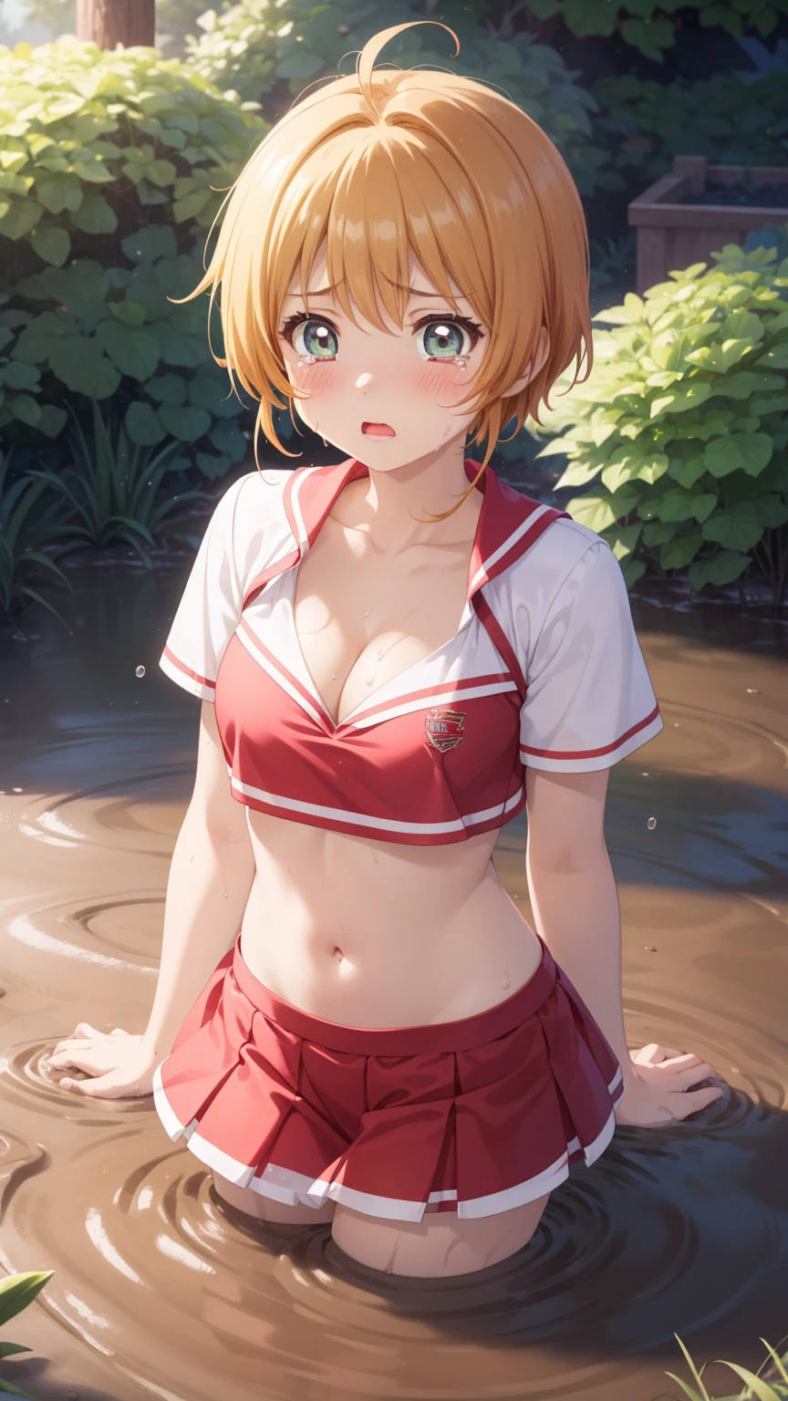 masterpiece, best quality, highres, 1girl, detailed face, blush, anime CG style, (medium breasts), (18 year old girl:1.3), (aged up), good lighting, perfect body, sakura kinomoto, glossy lips, cheerleader, midriff, cleavage, (curvy), garden, (sinking in mud), (upset), tears on cheeks, partially submerged