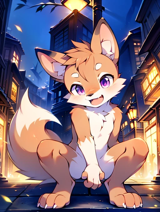 , **********, cute, (alone), (((Has brown and white fur))), Big purple eyes, Blushing, smile, Open your mouth, Sticking out tongue，tooth、Canine，walking, night, Ancient Asian cities, bright street lights, Blue and black slate road, Empty Streets, Starry Sky, Shadow, Detailed facial depiction, ((Accurate hand drawing)), レンブラントの光とShadow, Ultra-fine，high resolution，Completely naked，Naked，Naked，Full nudity，Nude，Barely，Fully visible，Spread your legs and point your crotch，Embarrassing，Embarrassed look，On all fours，Put your hands and feet on the ground，Sit like a dog，quadruped，Accurate hand and foot count，shame，A furry in heat，first round，Fantasy，Anime-style depiction，Male furry，Animal penises，Young，Young子どものケモノ，Show your dick，Showing off your dick，