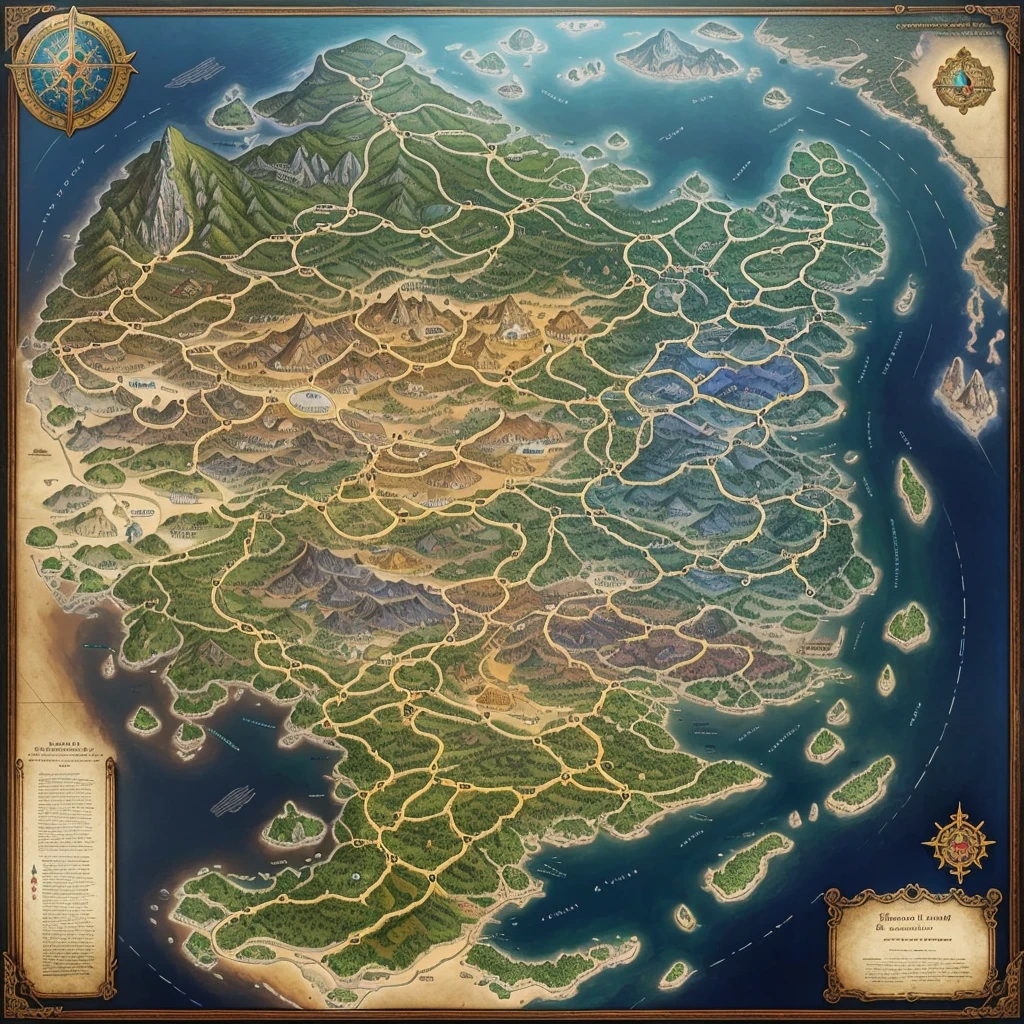 The map of the magical realm of Elysium、It is a masterpiece of a relic.。 , Displaying the diverse and fascinating landscapes of each region.Big Castle、holy temple、Land of Giants、Elven Lake