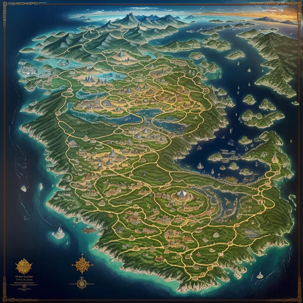 The map of the magical realm of Elysium、It is a masterpiece of a relic.。 , Displaying the diverse and fascinating landscapes of each region.Big Castle、holy temple、Land of Giants、Elven Lake