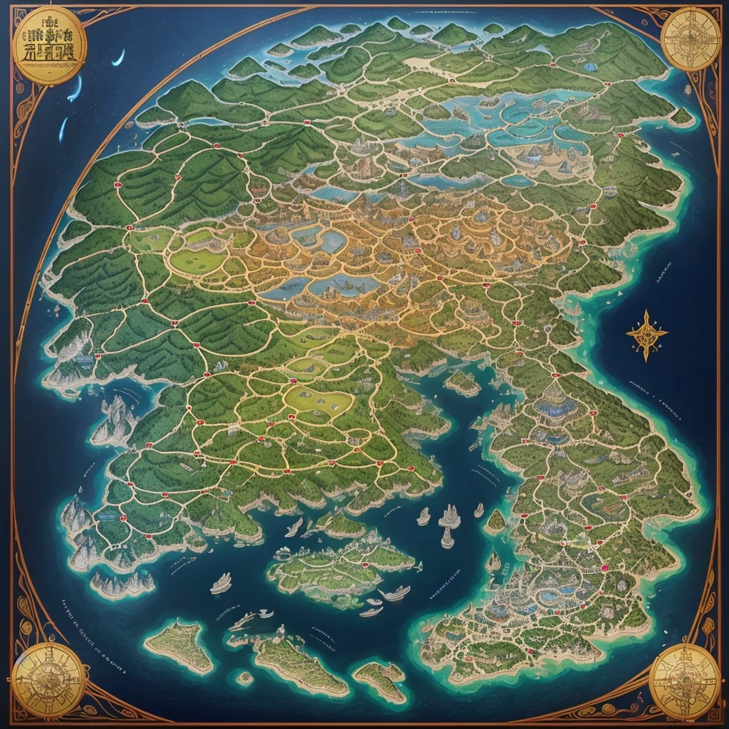 The map of the magical realm of Elysium、It is a masterpiece of a relic.。 , Displaying the diverse and fascinating landscapes of each region.Big Castle、holy temple、Land of Giants、Elven Lake