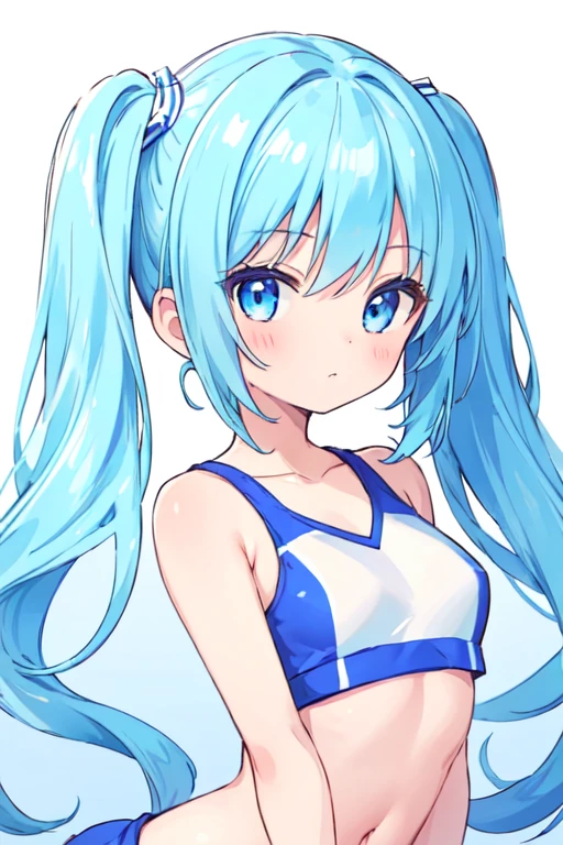 (best quality, masterpiece:1.2), ultra detailed, extremely detailed eyes and face, natural skin texture, detailed skin, natural lighting,
 chibi, 1 girl, 14-years-old, (cute),
 twin tails, light blue hair, shiny hair,
 blue eyes,
 (small breasts),
 BREAK cheerleader, white and blue crop top, white and blue sleeveless shirt,
 upper body,