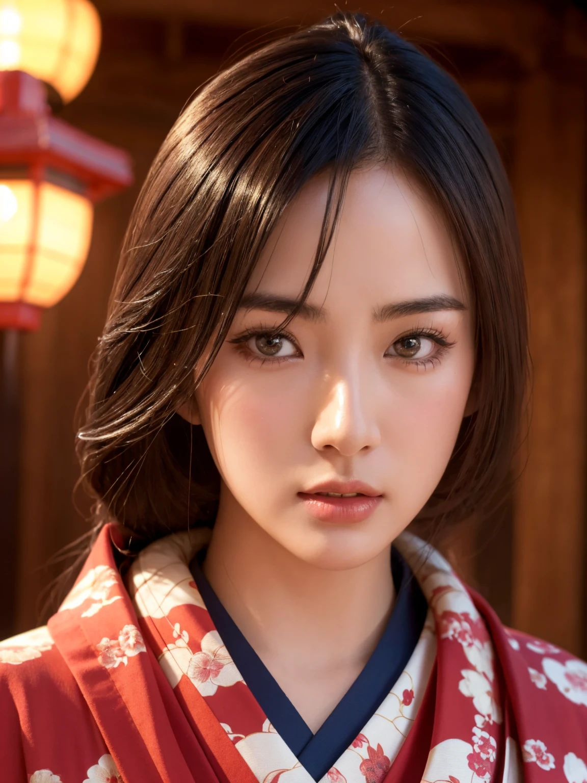 big breasted japanese woman in elaborate kimono, ornate shrine, cinematic atmosphere, (best quality,4k,8k,highres,masterpiece:1.2),ultra-detailed,(realistic,photorealistic,photo-realistic:1.37),(looking at viewer),highly detailed face,beautiful detailed eyes,beautiful detailed lips,extremely detailed eyes and face,long eyelashes,intricate kimono design,ornate shrine background,warm lighting,dramatic shadows,vibrant colors,photorealistic