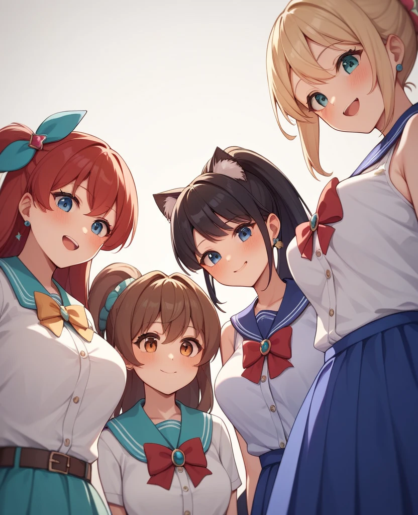 Highest quality, Very detailed, masterpiece, anime,Highest quality,Japanese ,Three Girls,Holiday outings,Transparent haori,Browsing Caution,Magical girl、Upper Body、Close Contact、lure、Provocative look、Leaning forward、bring your chest to the center、Large Breasts、Low - Angle