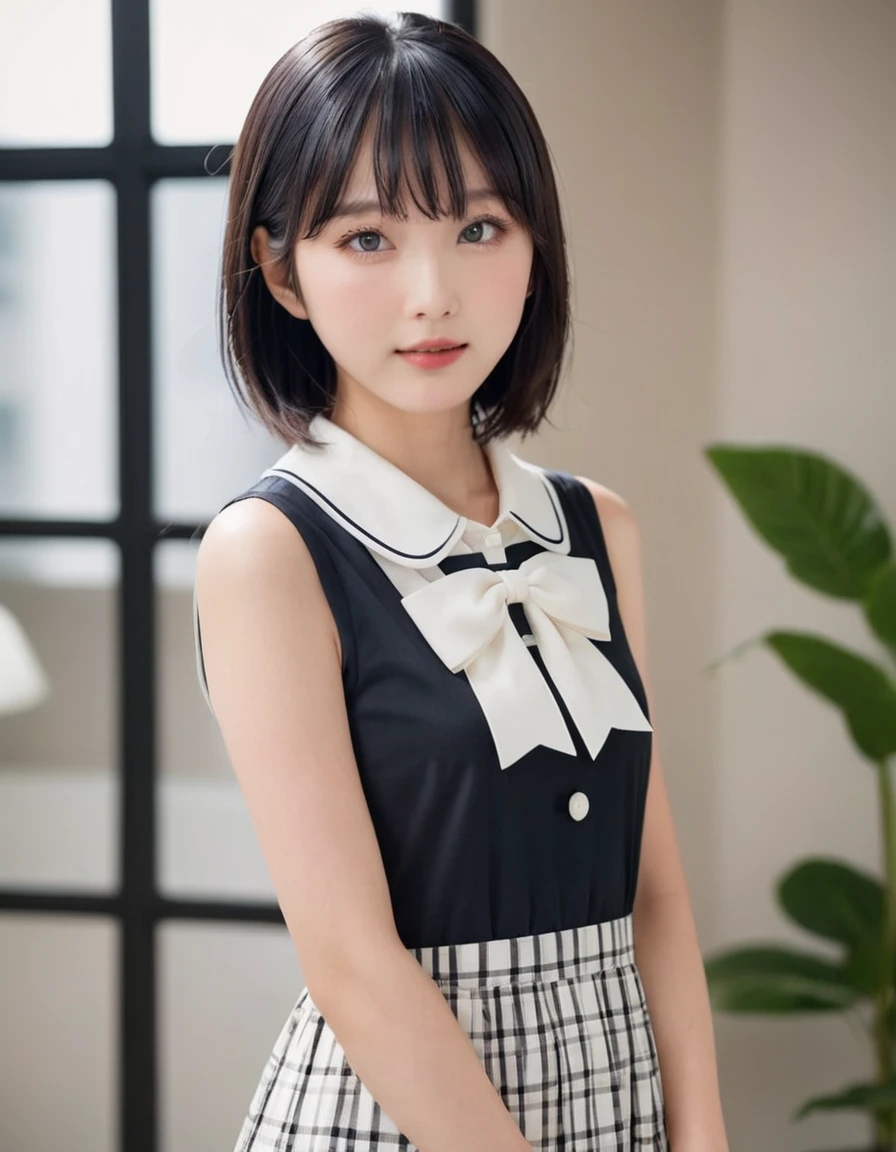 1girl, Japanese woman, model's expression, Smooth, straight black hair with bangs, large expressive eyes with a hint of eyeliner, clear fair skin with a natural glow, a friendly warm smile with straight white teeth, wearing a stylish dress with a white collar and black bow featuring a checkered pattern, posing with hands raised near the face displaying a cheerful and approachable demeanor, ensure the overall look is appealing to a wide audience while maintaining elegance and beauty.(8K, 4K, Best Quality, High Definition, Ultra High Definition: 1.1), (Masterpiece, Realistic, Photorealistic: 1.1),