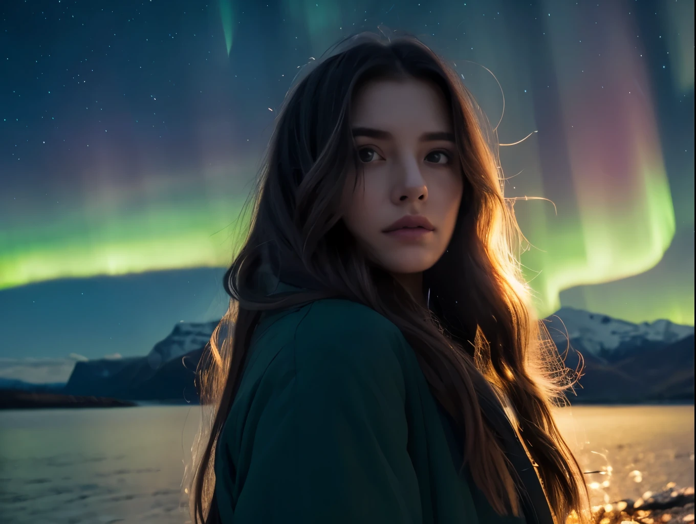 A stunning aurora borealis over a serene lake, 1girl facing the sky, detailed facial features, mesmerized expression, long flowing hair, cozy winter clothing, picturesque landscape, glowing northern lights, ethereal atmosphere, (best quality,4k,8k,highres,masterpiece:1.2),ultra-detailed,(realistic,photorealistic,photo-realistic:1.37),cinematic lighting,dramatic colors,moody,fantasy,mystical