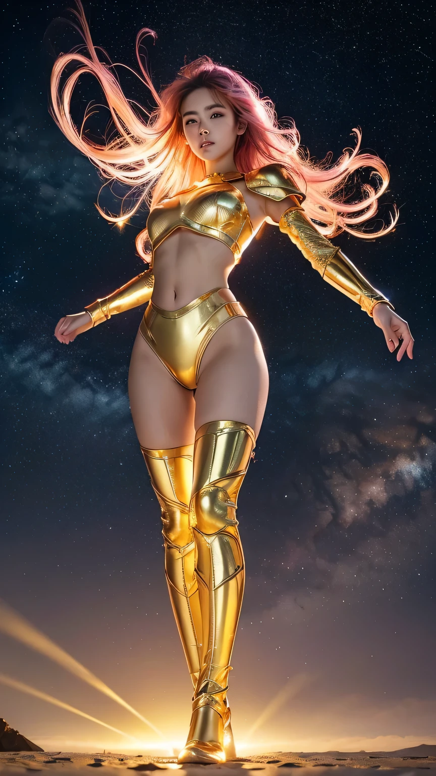 ((best quality)), ((masterpiece)), (ultra detailed lights), ((full body shot)), ((skinny body)), indonesian girl, extremely beautiful, ((slim body)), thighs gap, ultra face details, 20 years old, ((pink curvy-hair)), ((hair blown by strong winds :1.3)), Award-winning photograph, ((symmetrical pose)), goddess in ((full body golden black armor)) are in the middle of battlefield, posing in the middle, intricate details, ((thight golden armour)), ((extremely details armor)), ((tight latex panties)), ((24k-gold armor)), ((edge luminous armor)), cameltoe, luminescent, epic lights reflections, at beach, full of stars, orange clouds, nebula sky, epic aurora borealis in the background, shooting stars, ((from below))