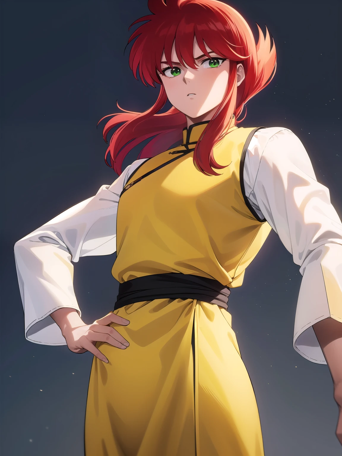 kurama, kurama, long hair, red hair, bangs, (green eyes:1.5), (retro artstyle:1.5), 1990s \(style\),
BREAK long sleeves, pants, chinese clothes, white pants, (yellow shirt:1.5), (white sleeves:1.5), (pelvic curtain:1.2), sash, sleeveless shirt, (((dark sky back ground)))
BREAK looking at viewer, cowboy shot,
BREAK (masterpiece:1.2), best quality, high resolution, unity 8k wallpaper, (illustration:0.8), (beautiful detailed eyes:1.6), extremely detailed face, perfect lighting, extremely detailed CG, (perfect hands, perfect anatomy),