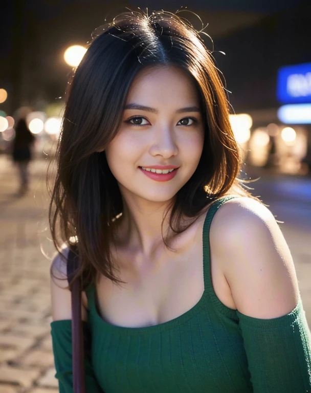 canon rf 85mm f1.2, (masterpiece:1.3), 8K, Photorealsitic, Raw photography, (Top image quality:1.4), asian high school girls, ( black long straight hairs bring to the front of the body), (breast size:1), Super Detail Face, (sharp focus:1.2), (pretty woman:1.4), top-quality, masterpiece, A high resolution, (Photorealsitic:1.4), Highly detailed and professional lighting, slender, wearing green shirt off shoulder, serious facial expression, rules of third, 1 person, pretty eyes, sexy_smile, standing on the street at night, cute pose