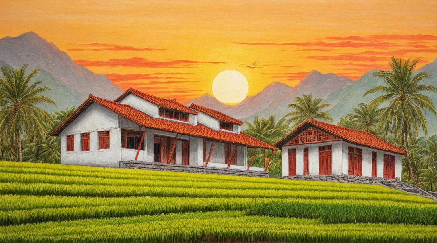 masterpiece, best quality, xiangcun,a rural Vietnamese countryside with tiled roofs, white walls, Tropical coconut trees, gentle afternoon sunset, red tiles,surrounded by green trees and rice fields, hand-drawn style with black pencil on white background