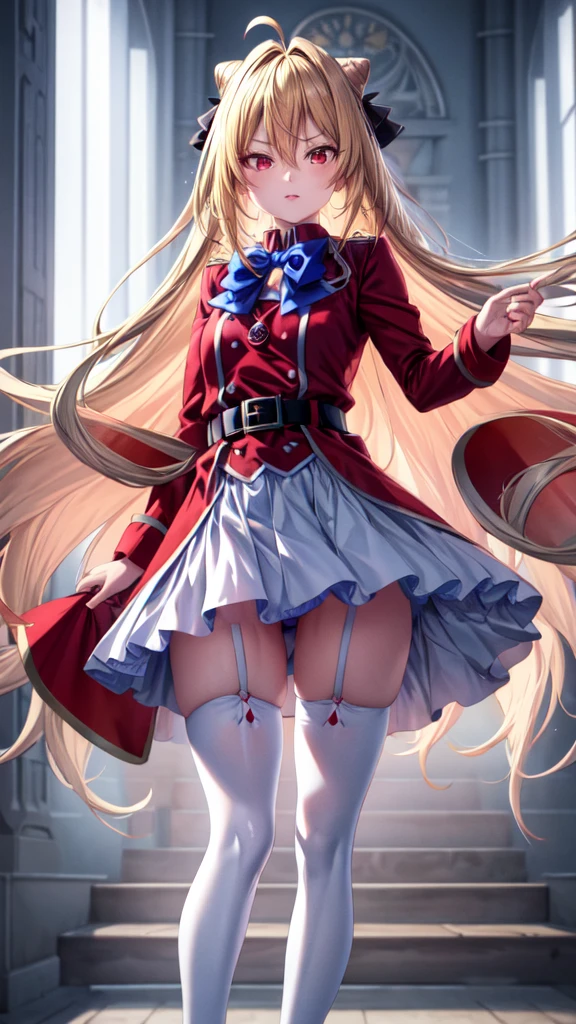 ((Best Quality)), ((Masterpiece)), (detailed), (full body view), {Terakomari Gandesblood}, {1girl, Alone, long hair, blonde hair, cone hair bun, hair ornament, hair intakes, Ahoge, bangs, red eyes, blue bowtie, red jacket, red coat, long sleeves, belt, white skirt, garter straps, white thighhighs}, He has a blood red katana, {correct anatomy}, (remove noise), (16k resolution), (ultra definition), (quality 1.1), (Best Quality anime), (illuminated by god).