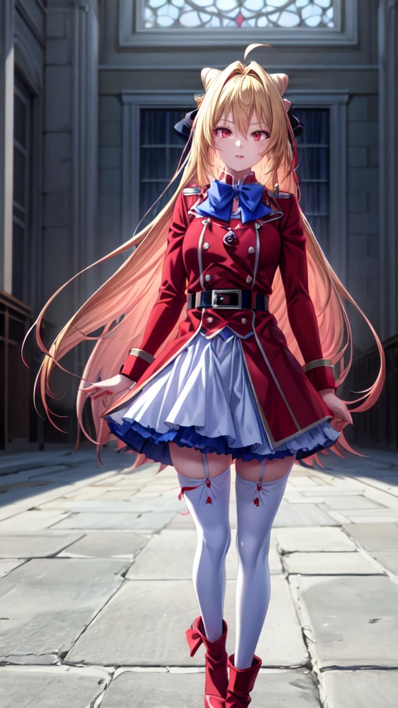 ((Best Quality)), ((Masterpiece)), (detailed), (full body view), {Terakomari Gandesblood}, {1girl, Alone, long hair, blonde hair, cone hair bun, hair ornament, hair intakes, Ahoge, bangs, red eyes, blue bowtie, red jacket, red coat, long sleeves, belt, white skirt, garter straps, white thighhighs}, He has a blood red katana, {correct anatomy}, (remove noise), (16k resolution), (ultra definition), (quality 1.1), (Best Quality anime), (illuminated by god).