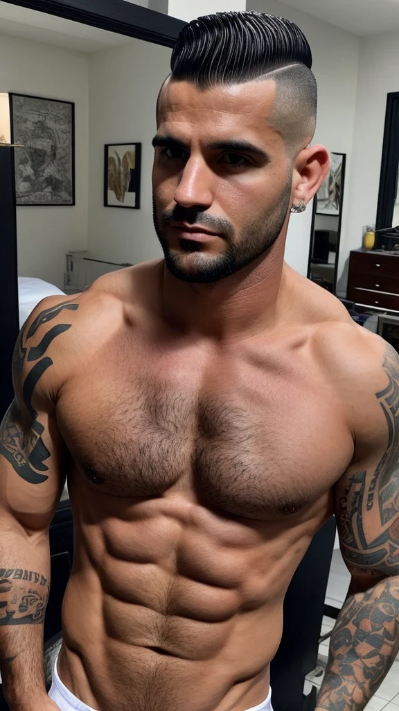 35-year-old mafia man, moreno, short hair shaved on the sides, with large, wide pectorals and arms, barely marked abs, no shirt, no hair on chest, hairless.