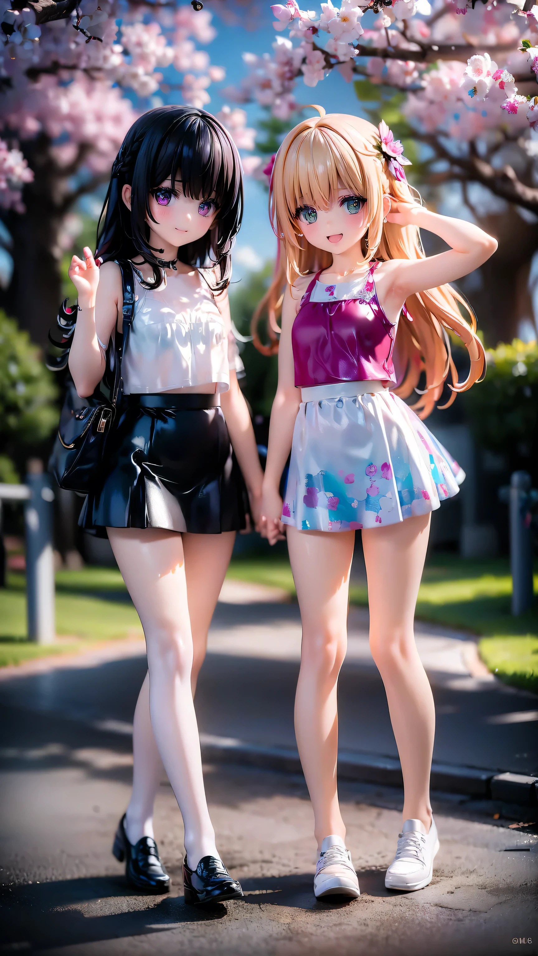 Very cute  twin girls(2 people)is having a pleasant walk in the park、Tank top、camisole、one piece、mini skirt、Long Hair、Slim body、Beautiful legs、Beautiful body、high resolution、8K、(smile)