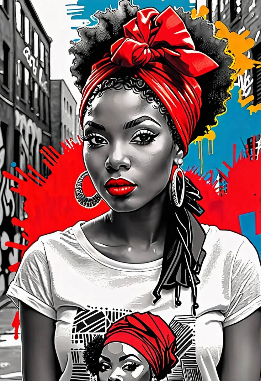 Black and white sketch of a black beautiful young woman with vivid red lipstick, afro hair and colorful head wrap, set against a vibrant urban backdrop featuring bold graffiti in a dynamic digital art style. This design seamlessly blends traditional elegance with contemporary street art, creating a striking visual contrast perfect for a unique and eye-catching t-shirt."