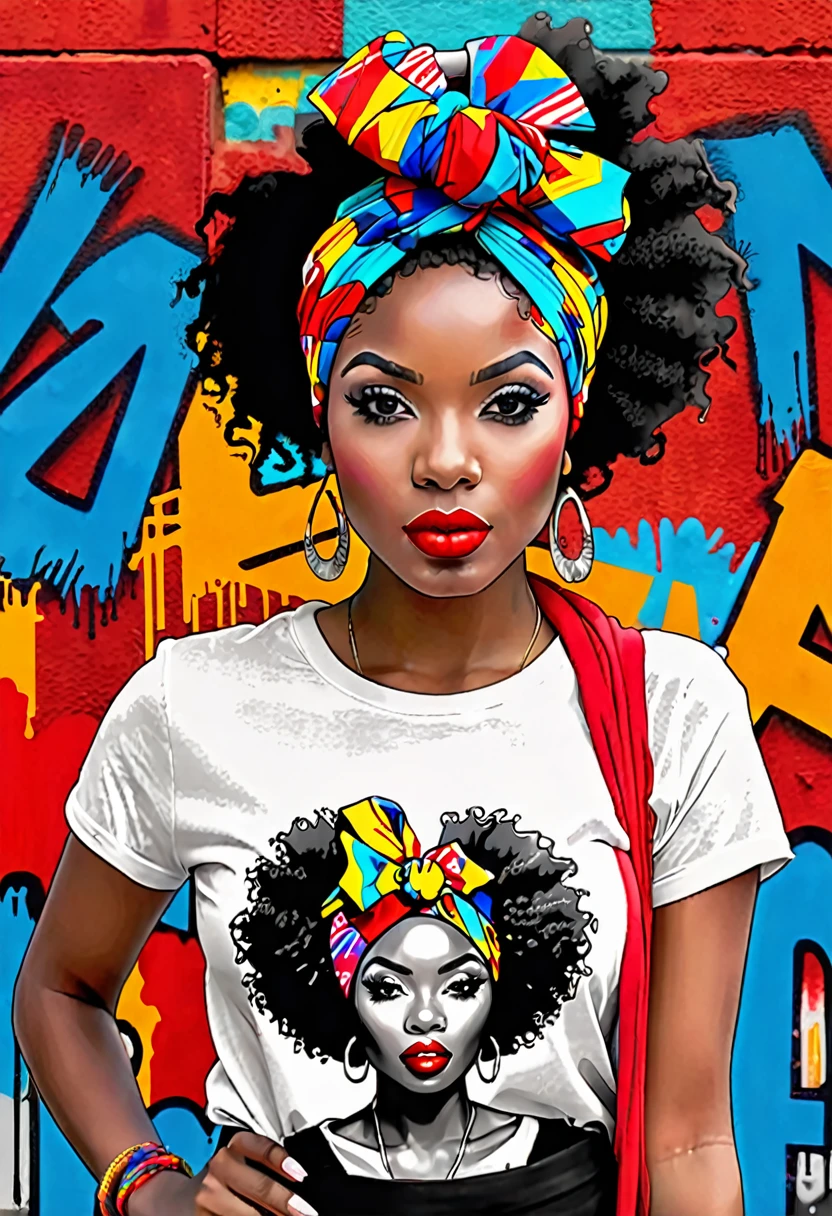 Black and white sketch of a black beautiful young woman with vivid red lipstick, afro hair and colorful head wrap, set against a vibrant urban backdrop featuring bold graffiti in a dynamic digital art style. This design seamlessly blends traditional elegance with contemporary street art, creating a striking visual contrast perfect for a unique and eye-catching t-shirt."