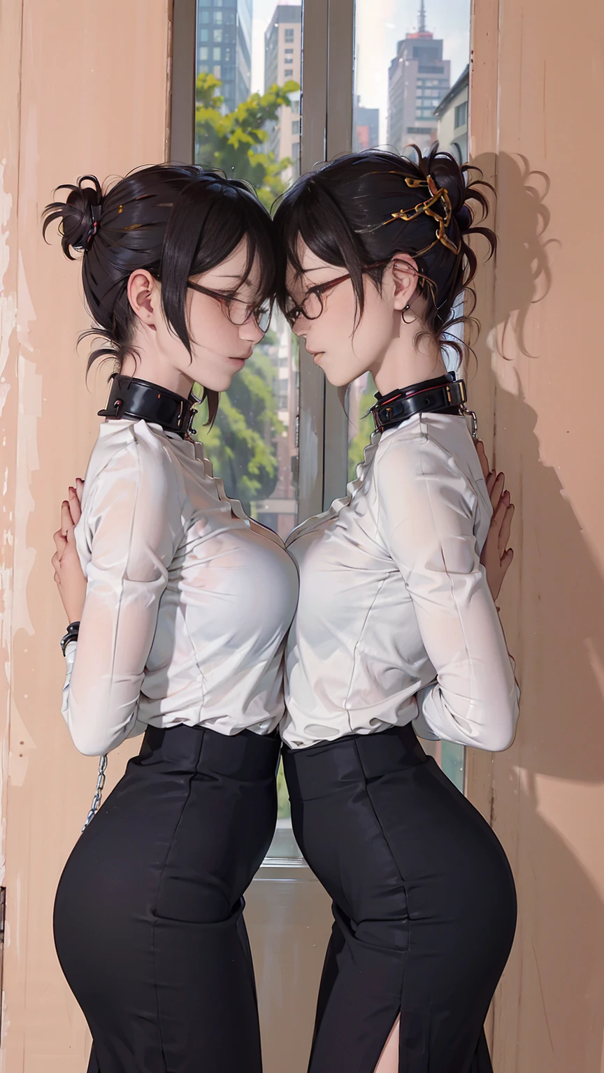 photorealistic,and sharp focus,Highly detailed, masterpiece, ultra-detailed, illustration, best quality,((upper-body)),((2 girls)),stand face to face and close together,Full body,(kissed each other),((Their breasts were squeezed together and deformed)),bangs, glasses, bun,BDSM,blush,black collar,arms behind back,bondage,neck lock in a black collar,hands behind her back in an anti-prayer posture,wrist attached to her collar with a piece of chain , Large window, City view outside window, white shirt, breasts apart,jewelry, ((huge breasts)),Black long pencil skirt, black stiletto heels