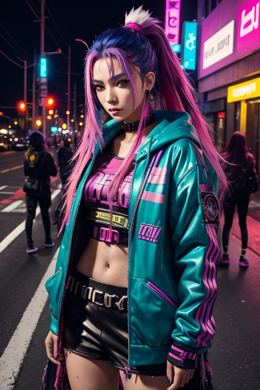 Cyberpunk, Joytoy, on the street, prostitute, Native American girl, Cyberpunk clothing, Hair dyed colorfully, clothing is multiple bright colors, very colorful clothing, thin woman, bright colored clothing, no black clothing, street clothing, dark Native American skin