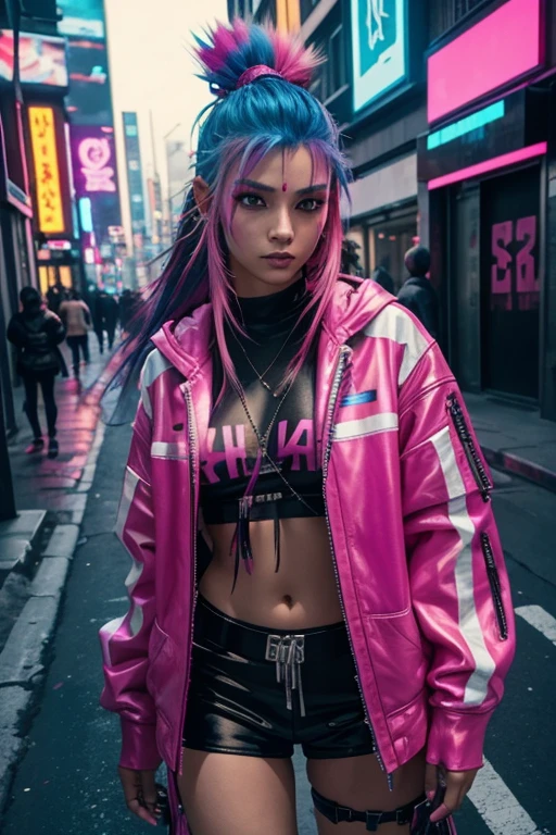 Araffe woman wearing baseball cap and shorts posing for a photo, cyberpunk streetwear, 🌺 society, cyberpunk 2 0 years. o model girl, in the cyberpunk city, by Russell Dongjun Lu, It has cyberpunk style, [ trending on society ]!!, cyberpunk beautiful girl, cyberpunk atmosphere, cyberpunk girl, Hyperrealistic cyberpunk style, in cyberpunk style
