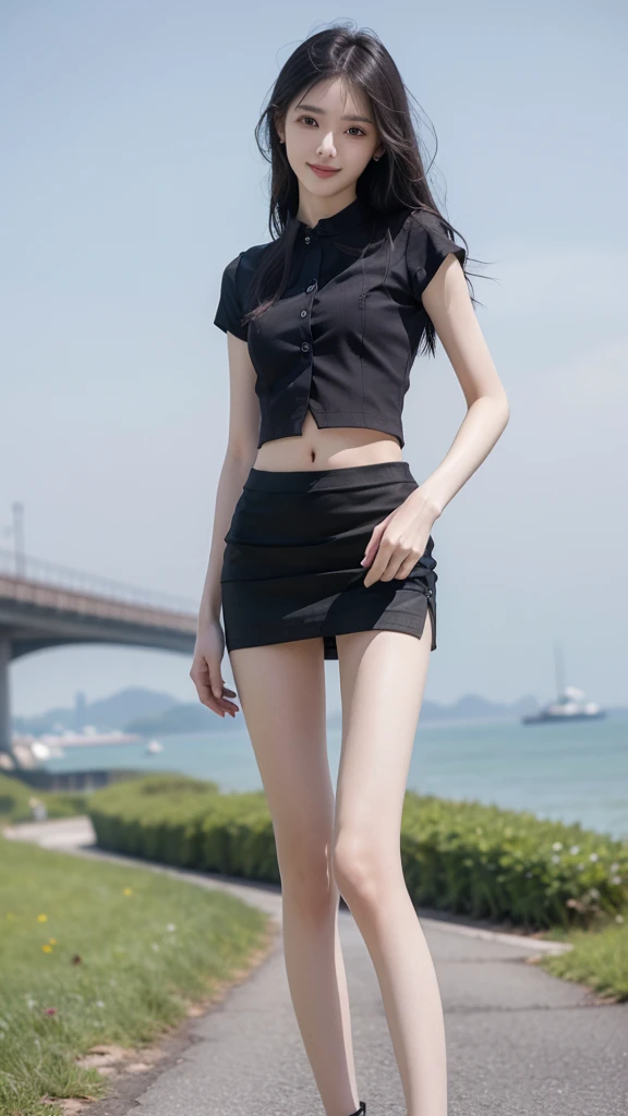 RAW, masterpiece, best quality, extremely detailed, 8k, HDR, photorealistic, intricate, (A Korean skinny girl), (black straight hair), (extremely-slim body), (narrow and small hips:1.3), (pale-porcelain skin), smile, standing, outdoors, wearing a (fully buttoned down short sleeves shirt), and (black extremely-short microskirt:1.4), (close-up picture) 