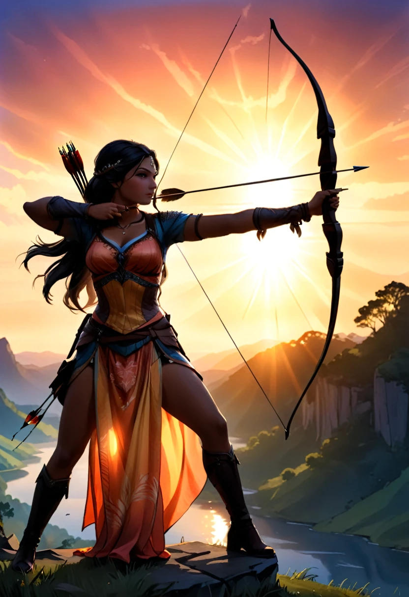 a watercolor illustration of a exquisite beautiful female archer, (silhouette artwork: 1.3), ready for action as the sun rises, fantasy art, ), sun rising behind the archer, ready to act,  ultra feminine, with a long curvy hair, dynamic bow, sting drawn to the cheek , arrow ready to be shot, (arrow tip glimmers: 1.1), sunrays, divine rays, high details, best quality, 16k, [ultra detailed], masterpiece, best quality, (extremely detailed), dynamic angle, Aiming a Bow, bow (weapon)