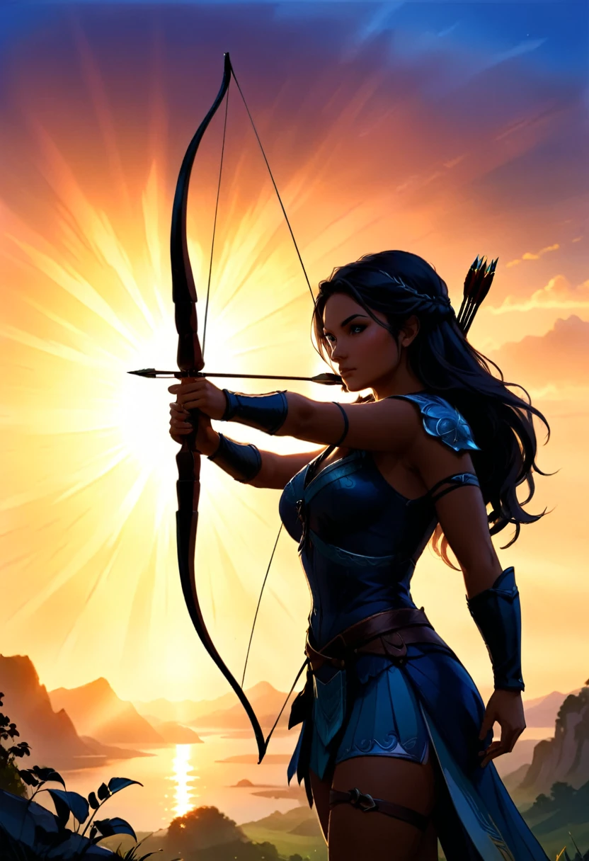 a watercolor illustration of a exquisite beautiful female archer, (silhouette artwork: 1.3), ready for action as the sun rises, fantasy art, ), sun rising behind the archer, ready to act,  ultra feminine, with a long curvy hair, dynamic bow, sting drawn to the cheek , arrow ready to be shot, (arrow tip glimmers: 1.1), sunrays, divine rays, high details, best quality, 16k, [ultra detailed], masterpiece, best quality, (extremely detailed), dynamic angle, Aiming a Bow, bow (weapon)