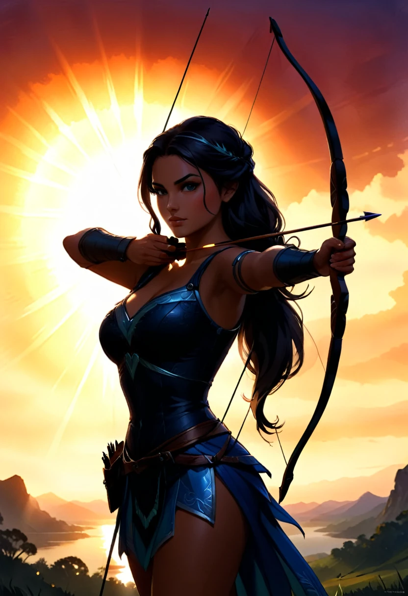 a watercolor illustration of a exquisite beautiful female archer, (silhouette artwork: 1.3), ready for action as the sun rises, fantasy art, ), sun rising behind the archer, ready to act,  ultra feminine, with a long curvy hair, dynamic bow, sting drawn to the cheek , arrow ready to be shot, (arrow tip glimmers: 1.1), sunrays, divine rays, high details, best quality, 16k, [ultra detailed], masterpiece, best quality, (extremely detailed), dynamic angle, Aiming a Bow, bow (weapon)