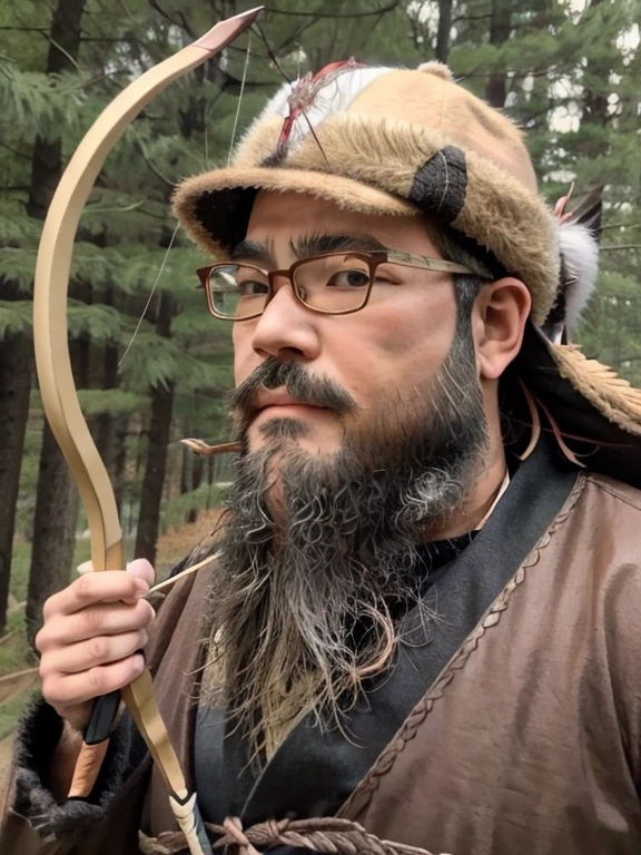 archery,beard, Glasses, 独奏, 1boy, hat, holding, weapon, male focus, holding weapon, facial hair, sheath, beard, Forest background, bow \(weapon\), arrow \(projectile\), holding bow \(weapon\), (quiver), aiming, holding arrow, (drawing bow)